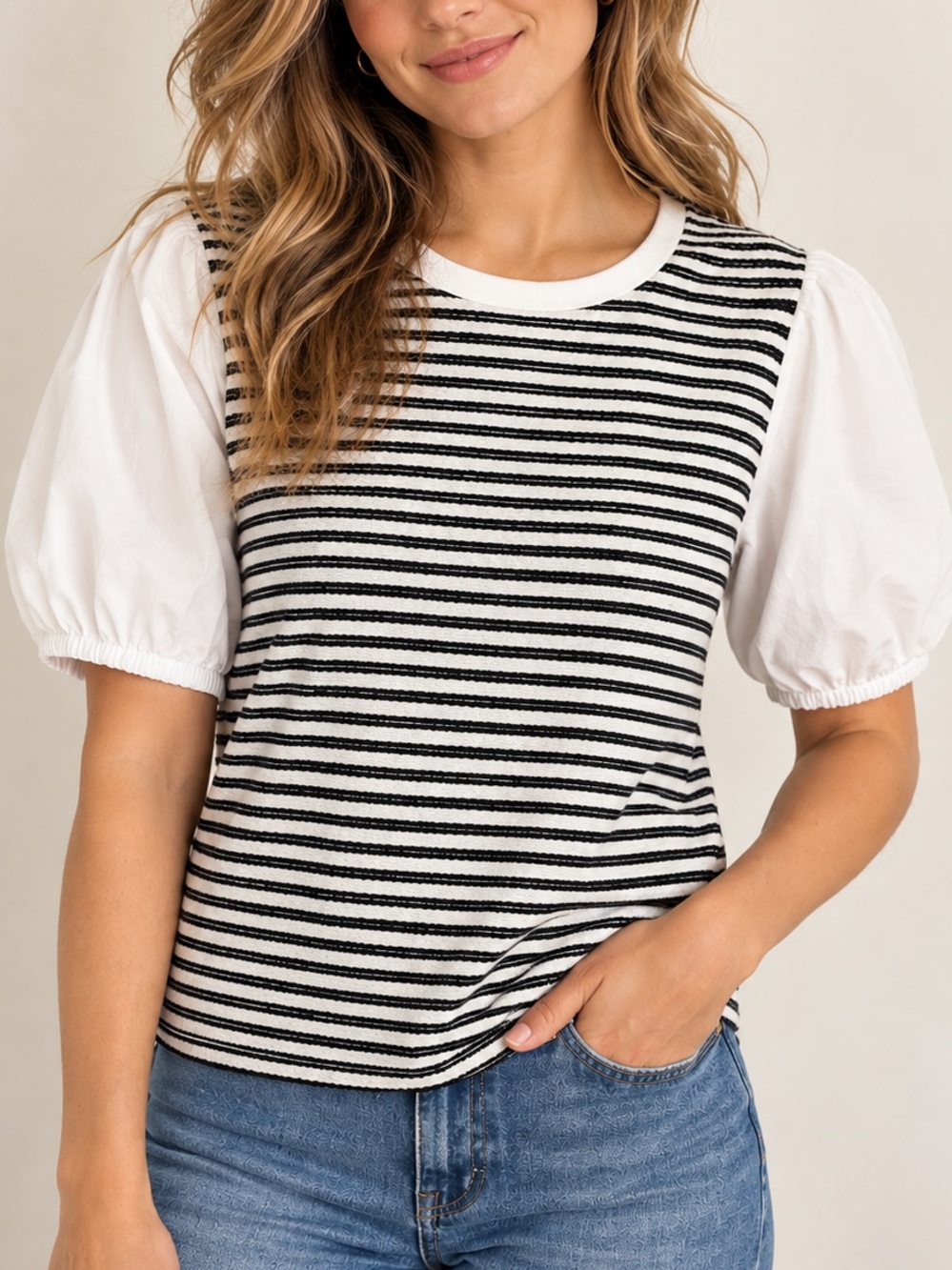Talbots Black White Striped Mixed Media Puff Sleeve Top Size L